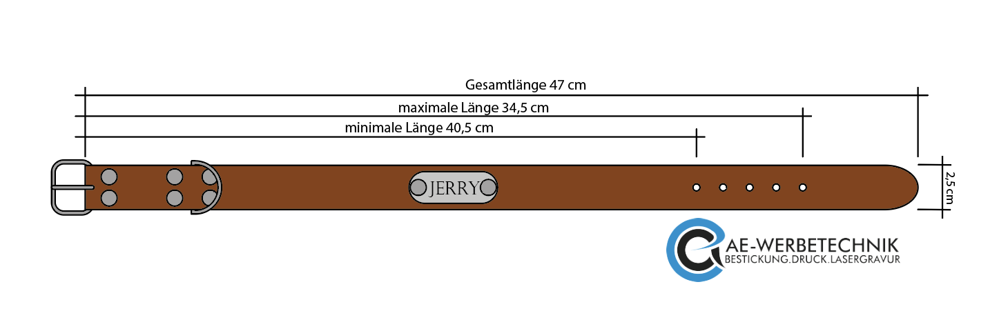 Maße für Handgemachtes personalisiertes Hundehalsband von AE-Werbetechnik
