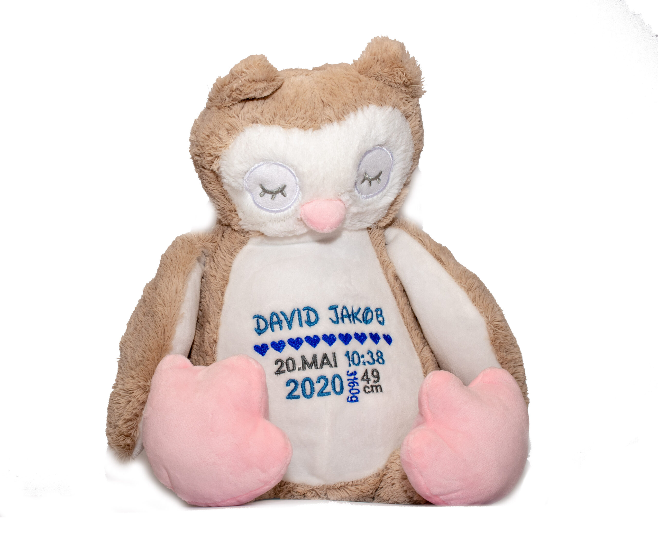 Das perfekte Geschenk zur Geburt, unsere Kuscheltier Eule mit Geburtsdaten.