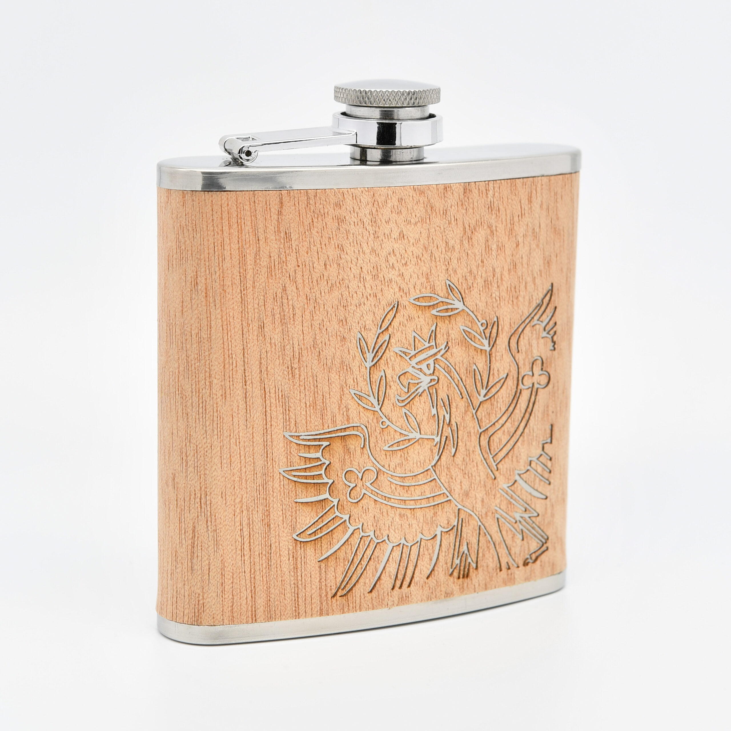 Flachmann aus Edelstahl mit hellem Holz und Gravur