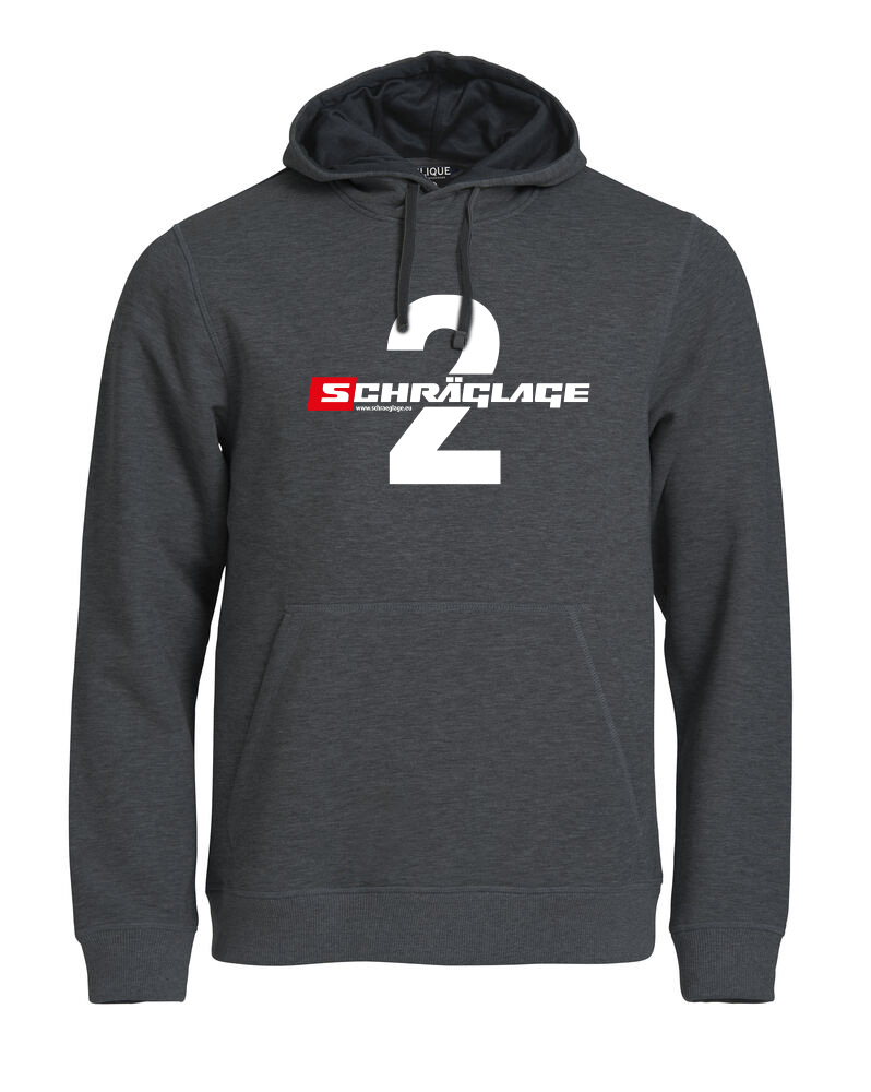 Schräglage Hoody aus 100 % Baumwolle mit großem, zentriertem Schräglage-Logo auf der Brust, optional mit Startnummer im Hintergrund, sportlicher Racing-Hoody für Motorsport-Fans.