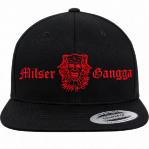 Snapback Milser Gangga in Schwarz mit rot gesticktem Gangga-Logo, Vorderansicht